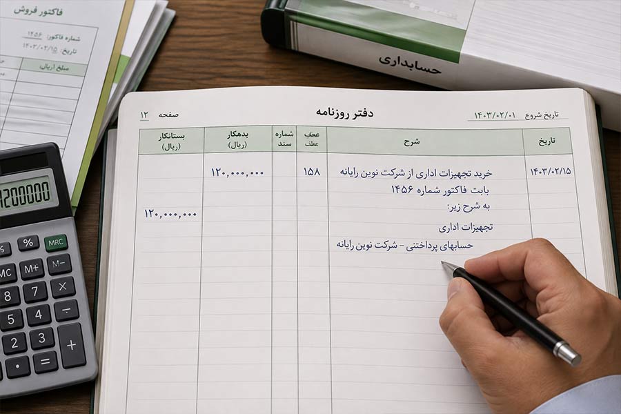نمونه ثبت سند حسابداری در دفتر روزنامه