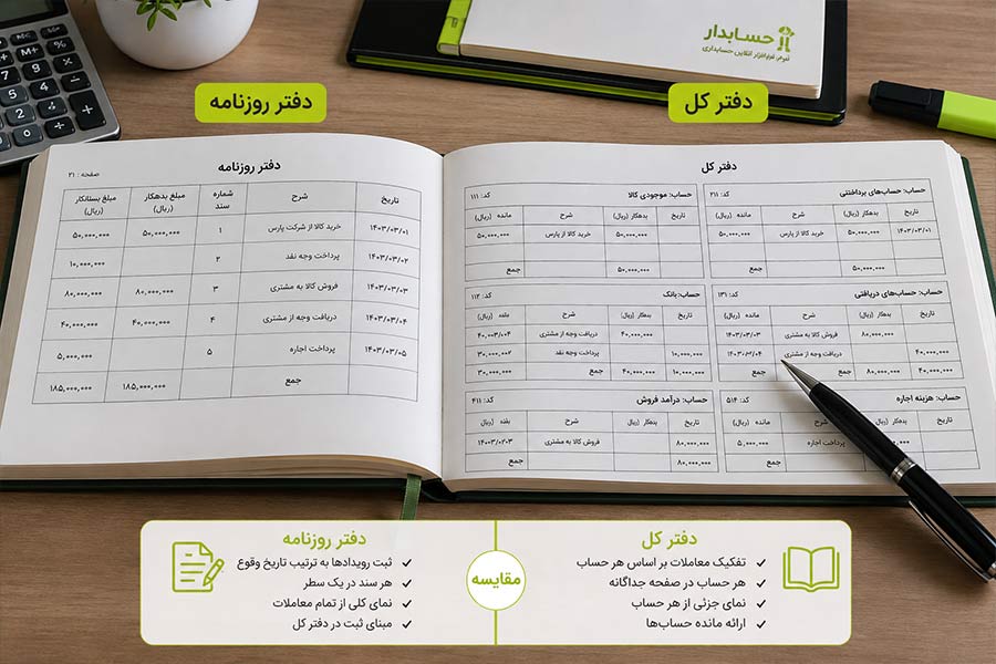 مقایسه دفتر روزنامه و دفتر کل در حسابداری شرکت